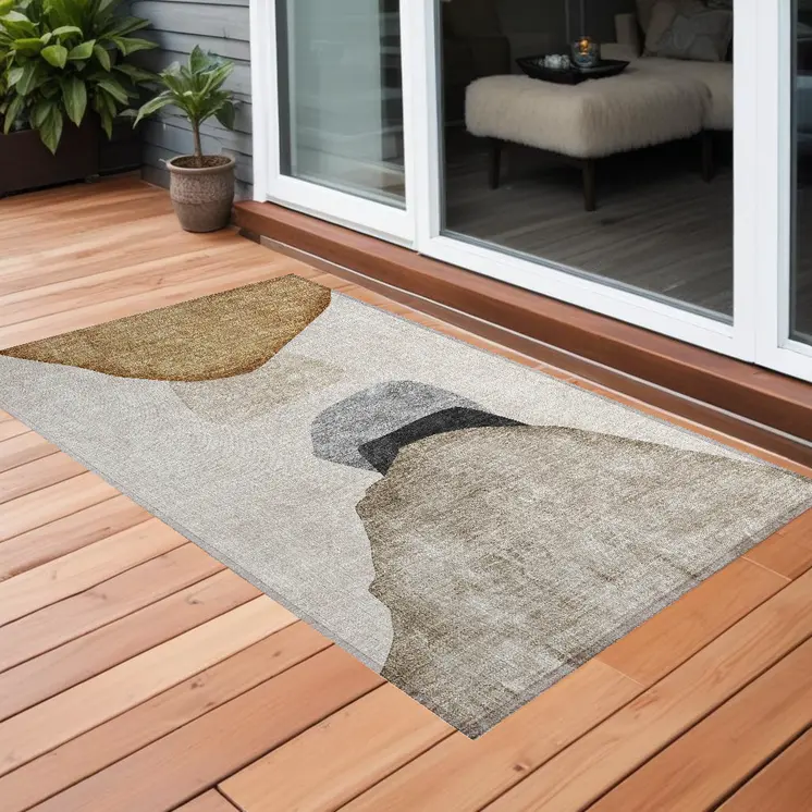 3' X 5' Tan Brown and Gray Abstract Washable Non Skid Indoor Outdoor Area Rug