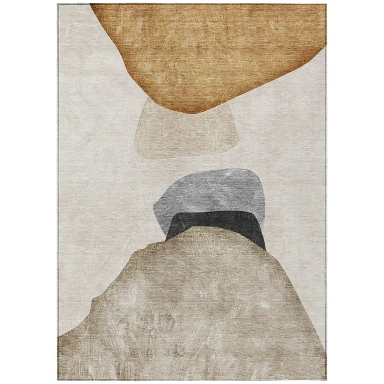 3' X 5' Tan Brown and Gray Abstract Washable Non Skid Indoor Outdoor Area Rug