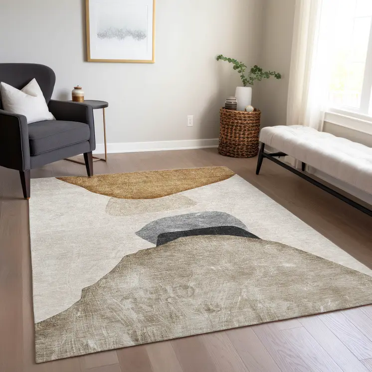 8' X 10' Tan Brown and Gray Abstract Washable Non Skid Indoor Outdoor Area Rug