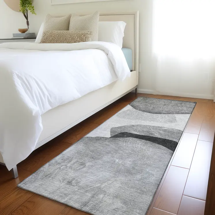 8' Runner Gray and Black Abstract Washable Non Skid Indoor Outdoor Runner Rug