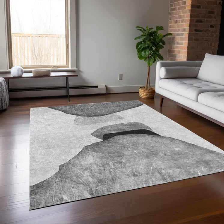 3' X 5' Gray And Black Abstract Washable Indoor Outdoor Area Rug