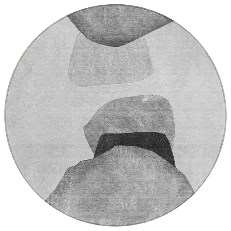 8' Round Gray and Black Round Abstract Washable Non Skid Indoor Outdoor Area Rug
