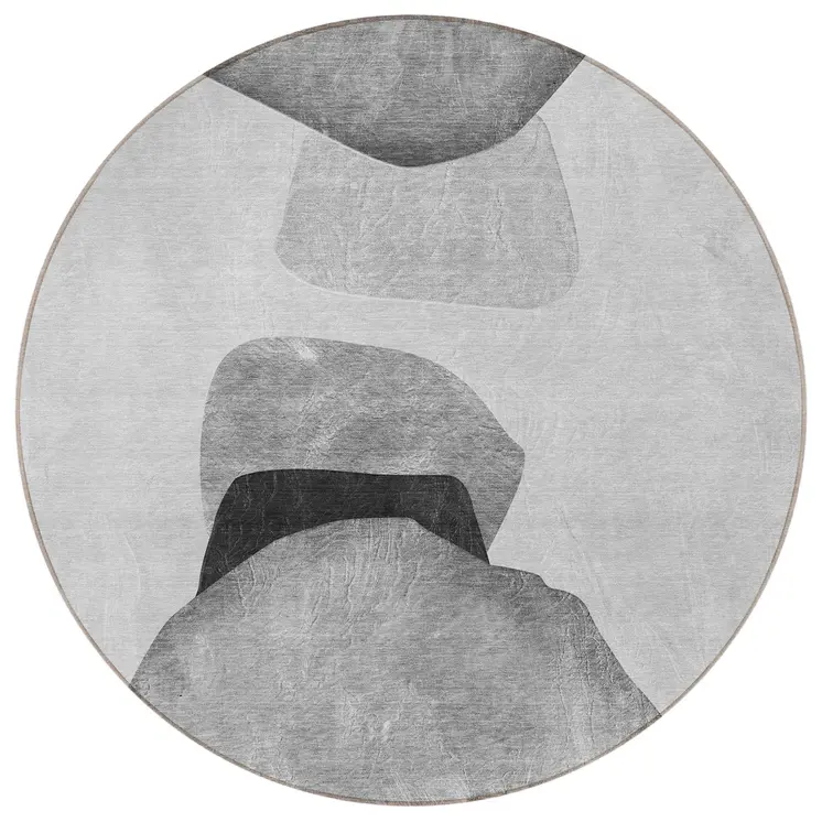 8' Round Gray and Black Round Abstract Washable Non Skid Indoor Outdoor Area Rug
