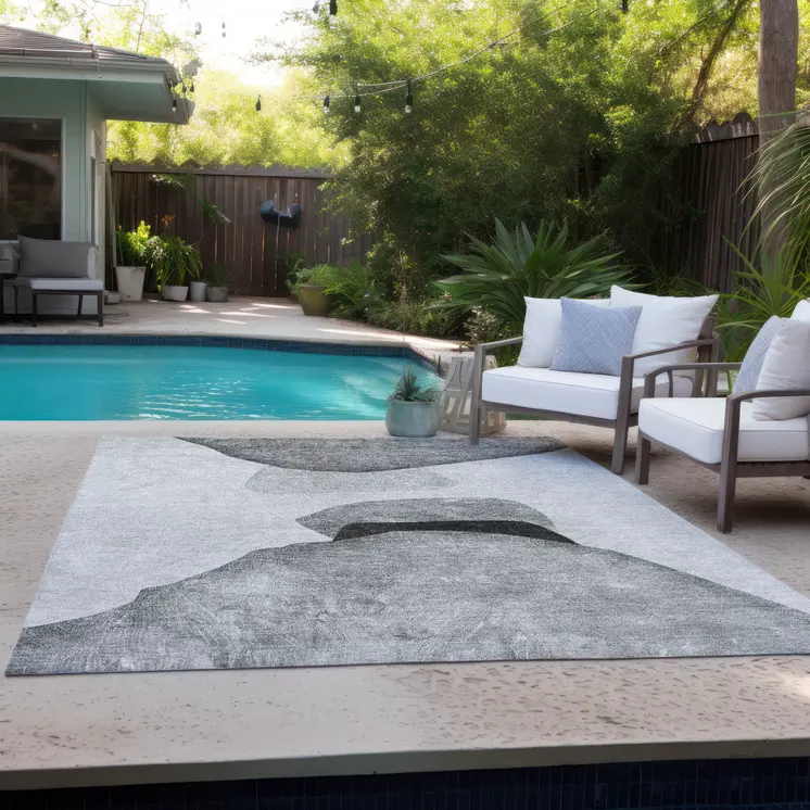 9' X 12' Gray And Black Abstract Washable Indoor Outdoor Area Rug