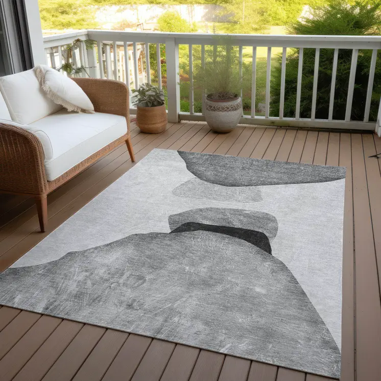 10' X 14' Gray and Black Abstract Washable Non Skid Indoor Outdoor Area Rug
