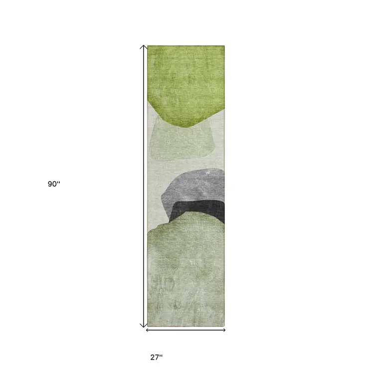 8' Runner Green Black and Gray Abstract Washable Non Skid Indoor Outdoor Runner Rug