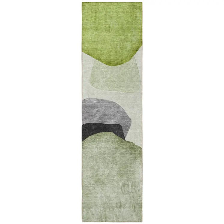 8' Runner Green Black and Gray Abstract Washable Non Skid Indoor Outdoor Runner Rug