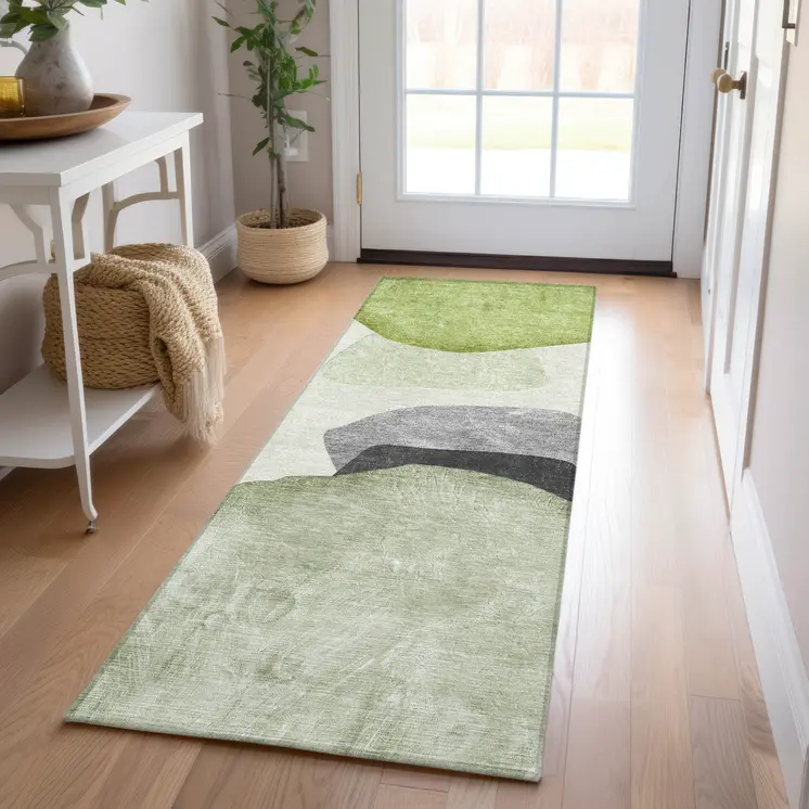 8' Runner Green Black and Gray Abstract Washable Non Skid Indoor Outdoor Runner Rug