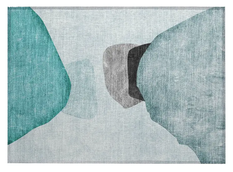 2' X 3' Teal Ivory and Gray Abstract Washable Non Skid Indoor Outdoor Area Rug