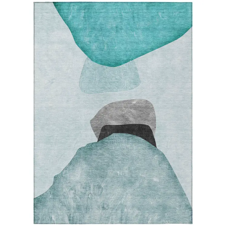 3' X 5' Ivory Teal and Gray Abstract Washable Non Skid Indoor Outdoor Area Rug