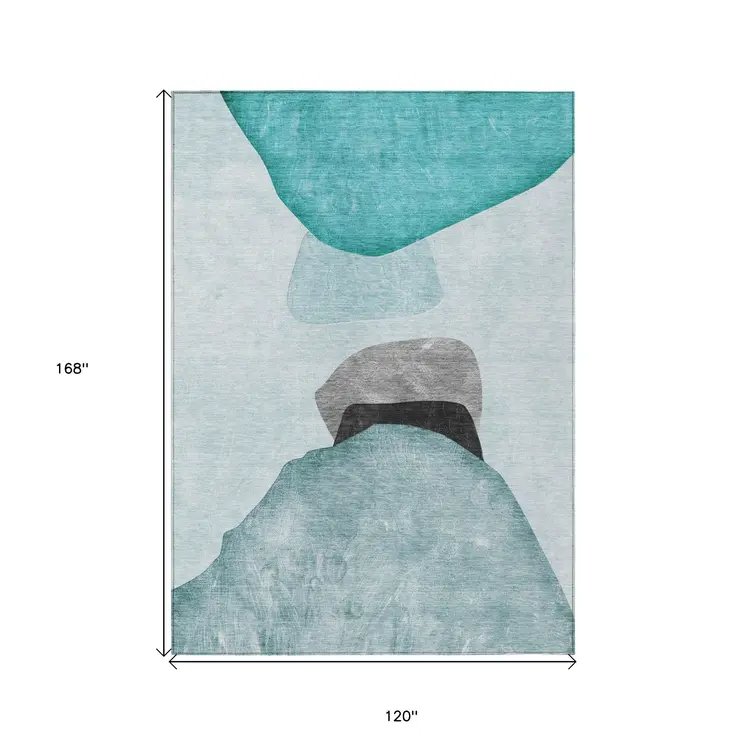 10' X 14' Ivory Teal and Gray Abstract Washable Non Skid Indoor Outdoor Area Rug