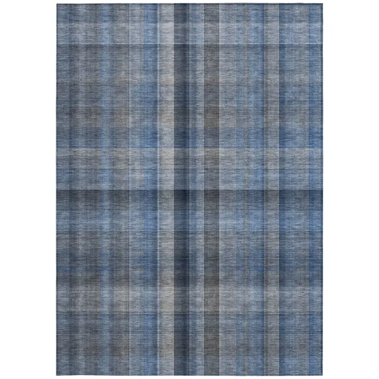 5' X 8' Blue Plaid Washable Non Skid Indoor Outdoor Area Rug