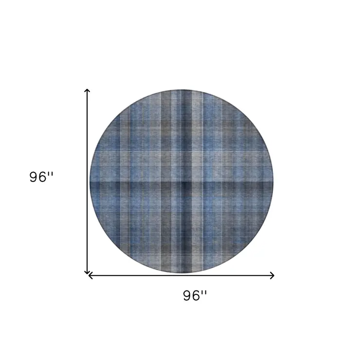8' Round Blue Round Plaid Washable Non Skid Indoor Outdoor Area Rug