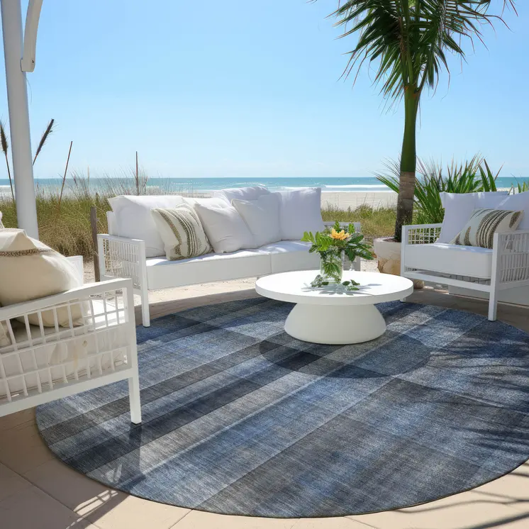 8' Round Blue Round Plaid Washable Non Skid Indoor Outdoor Area Rug