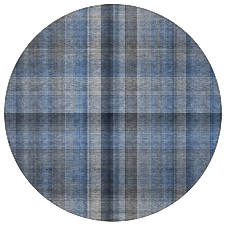 8' Round Blue Round Plaid Washable Non Skid Indoor Outdoor Area Rug