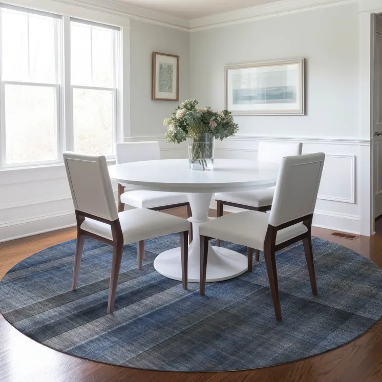8' Round Blue Round Plaid Washable Non Skid Indoor Outdoor Area Rug