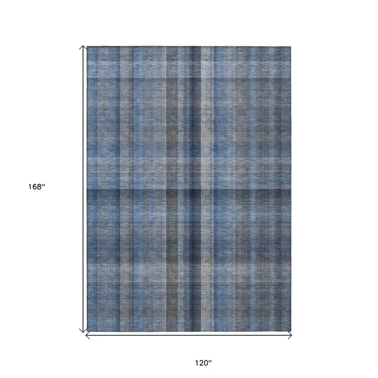 10' X 14' Blue Plaid Washable Non Skid Indoor Outdoor Area Rug