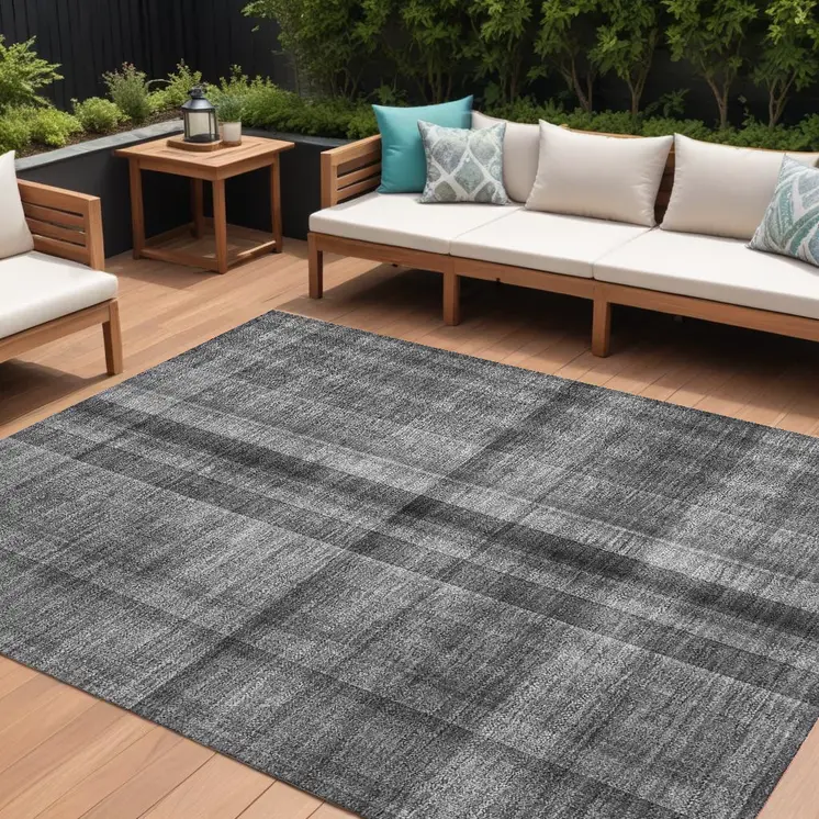 10' X 14' Gray Plaid Washable Non Skid Indoor Outdoor Area Rug