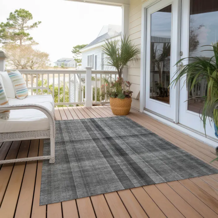 10' X 14' Gray Plaid Washable Non Skid Indoor Outdoor Area Rug
