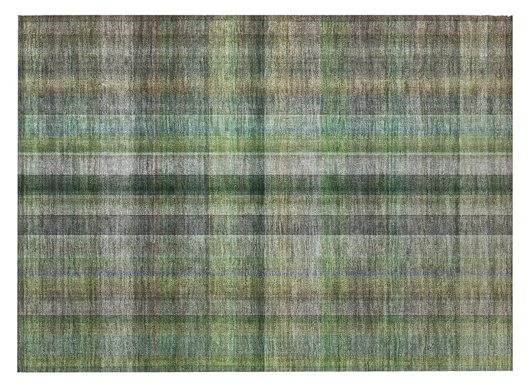 2' X 3' Green Beige and Gray Plaid Washable Non Skid Indoor Outdoor Area Rug