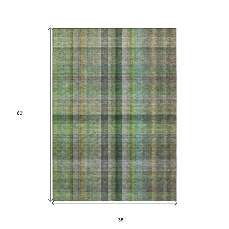 3' X 5' Green Plaid Washable Non Skid Indoor Outdoor Area Rug