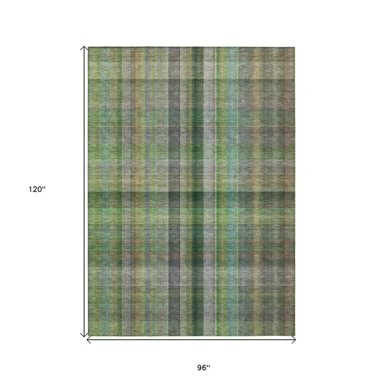 8' X 10' Green Plaid Washable Non Skid Indoor Outdoor Area Rug