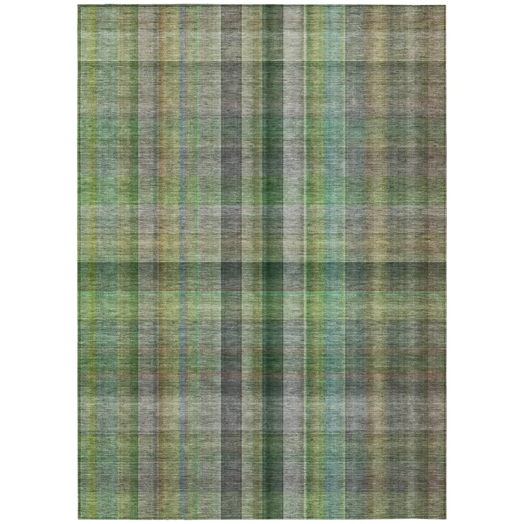 9' X 12' Green Plaid Washable Non Skid Indoor Outdoor Area Rug