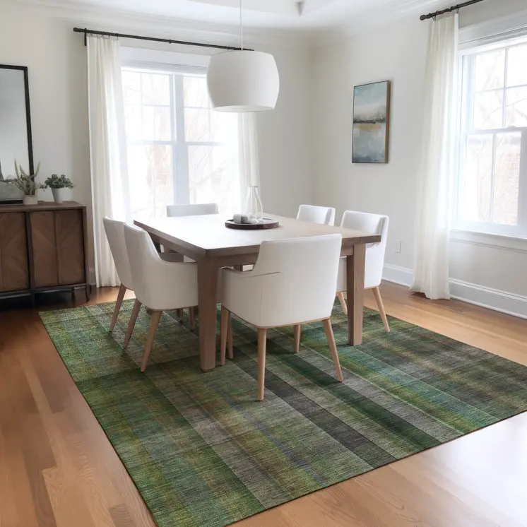 9' X 12' Green Plaid Washable Non Skid Indoor Outdoor Area Rug