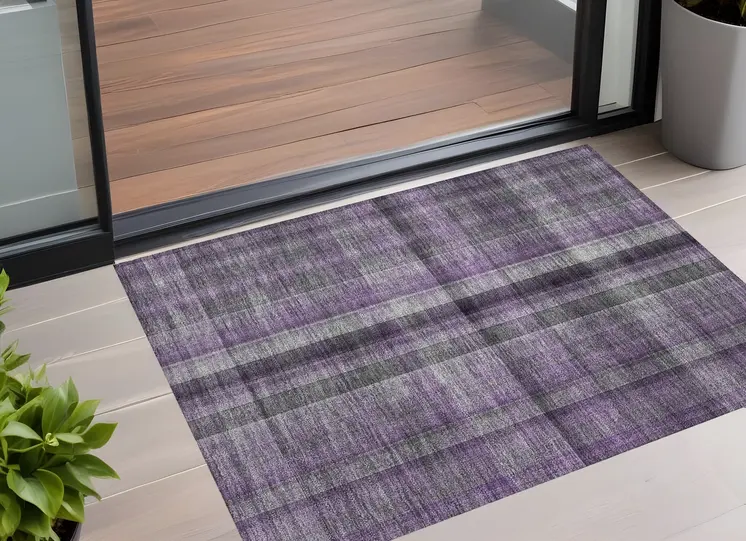2' X 3' Purple Plaid Washable Non Skid Indoor Outdoor Area Rug