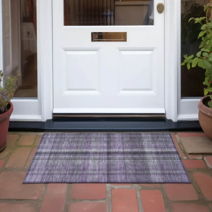 2' X 3' Purple Plaid Washable Non Skid Indoor Outdoor Area Rug