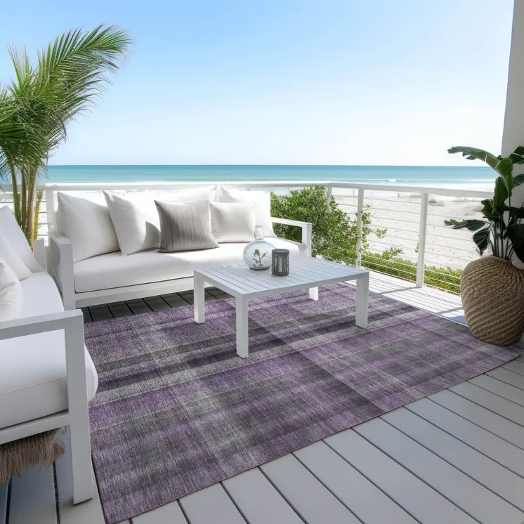 8' X 10' Purple Plaid Washable Non Skid Indoor Outdoor Area Rug