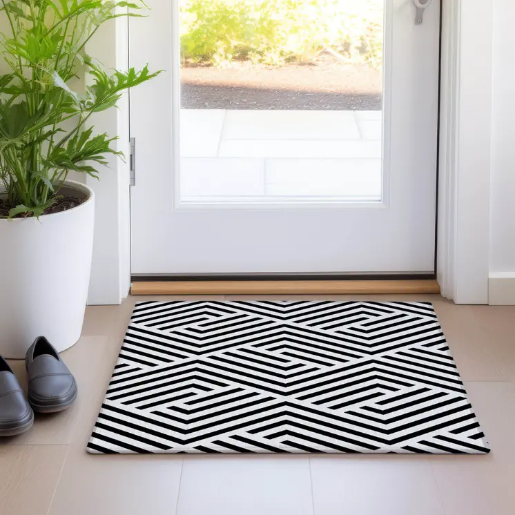 2' X 3' Black and White Geometric Washable Non Skid Indoor Outdoor Area Rug