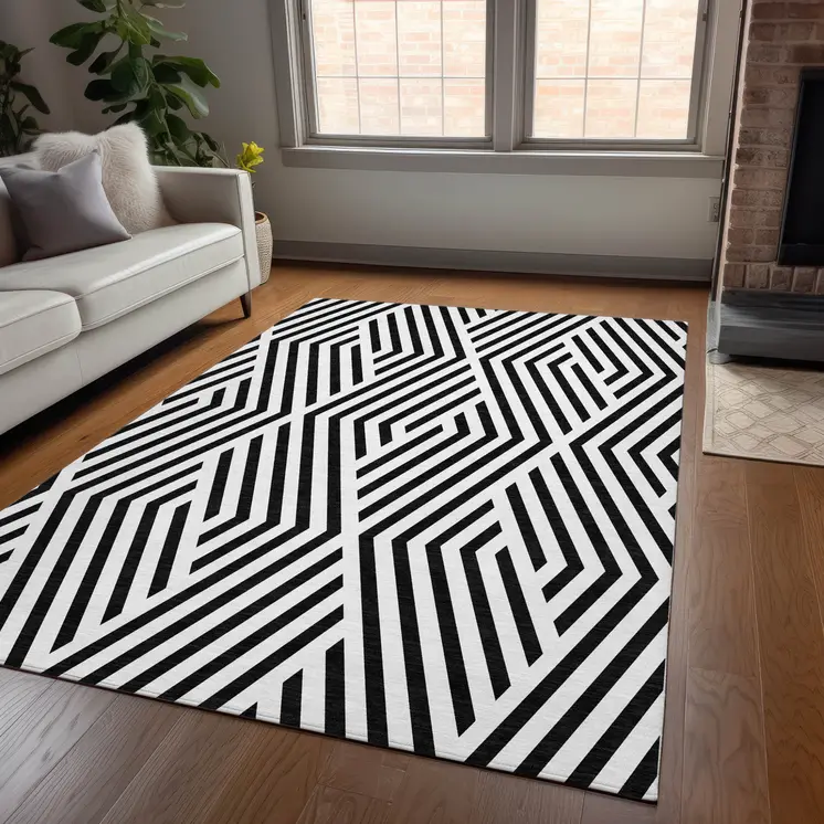 3' X 5' Black and White Geometric Washable Non Skid Indoor Outdoor Area Rug