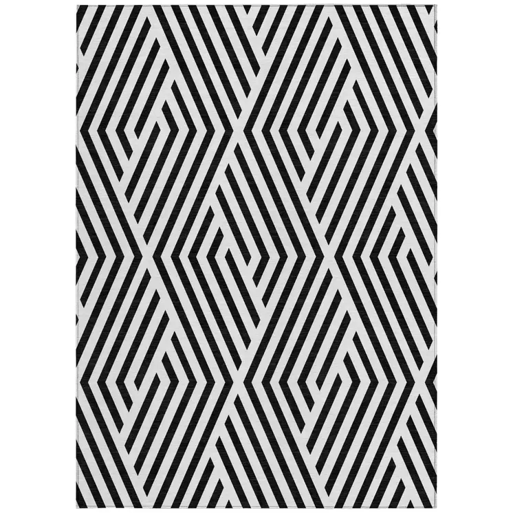 5' X 8' Black and White Geometric Washable Non Skid Indoor Outdoor Area Rug