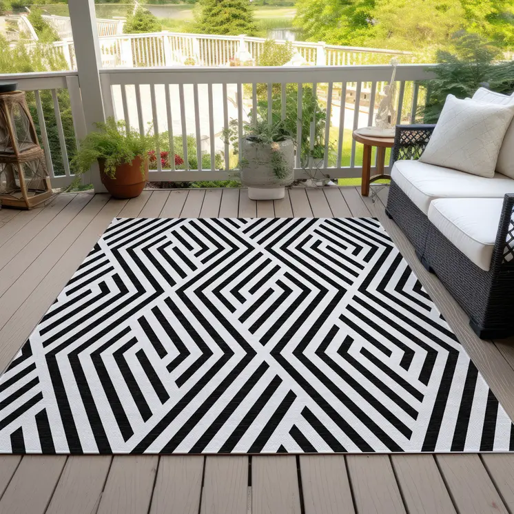5' X 8' Black and White Geometric Washable Non Skid Indoor Outdoor Area Rug