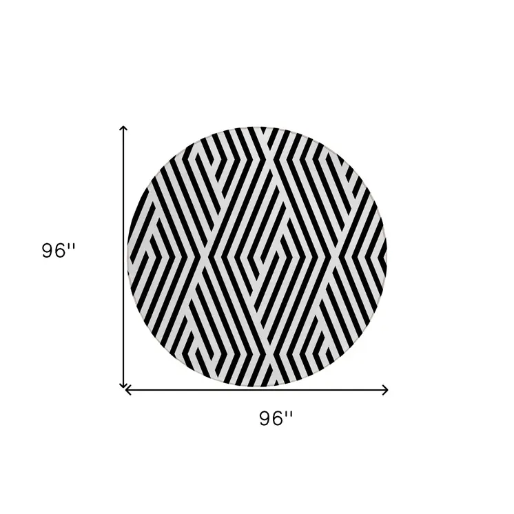 8' Black And White Round Geometric Washable Indoor Outdoor Area Rug