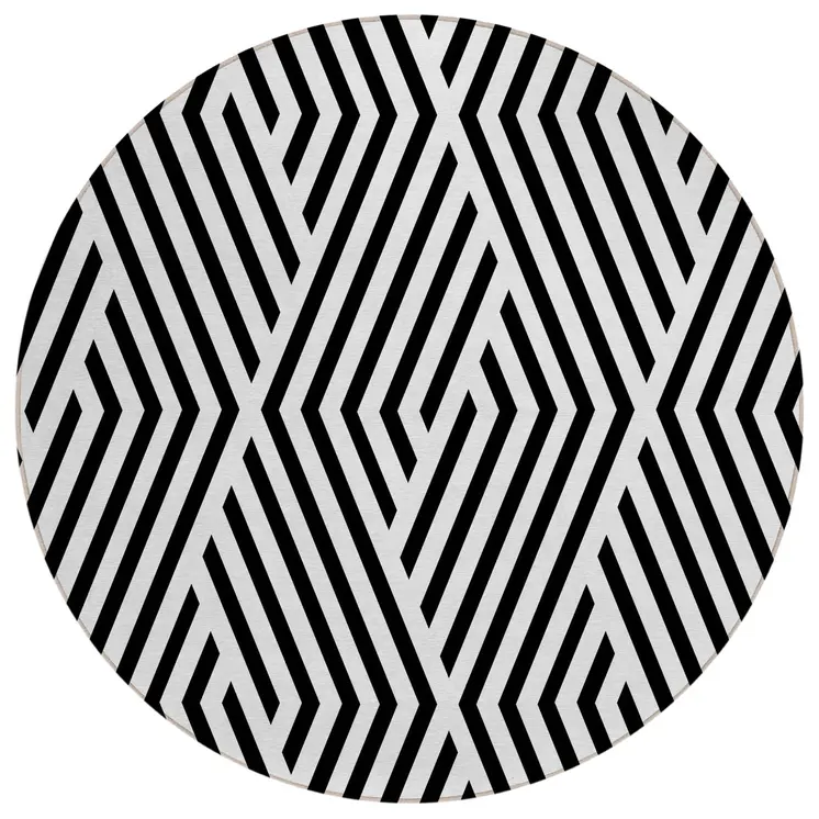 8' Black And White Round Geometric Washable Indoor Outdoor Area Rug