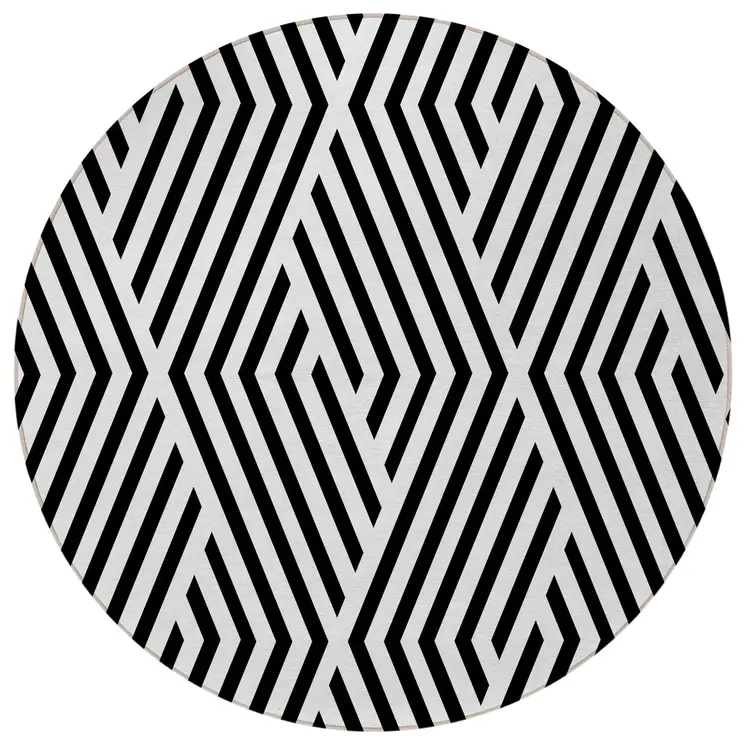 8' Black And White Round Geometric Washable Indoor Outdoor Area Rug