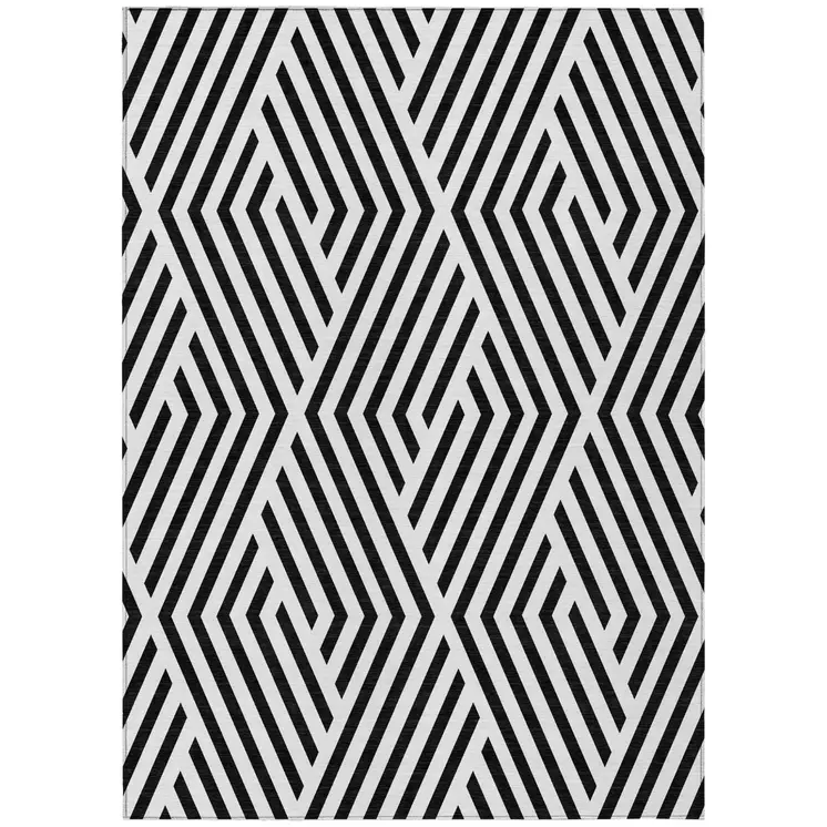 9' X 12' Black and White Geometric Washable Non Skid Indoor Outdoor Area Rug