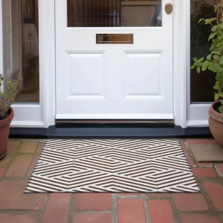 2' X 3' Brown and White Geometric Washable Non Skid Indoor Outdoor Area Rug