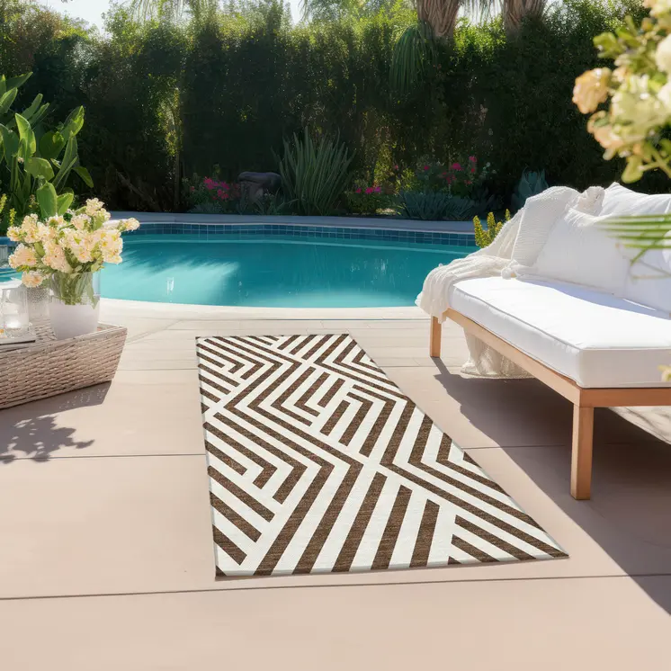 8' Runner Brown and White Geometric Washable Non Skid Indoor Outdoor Runner Rug