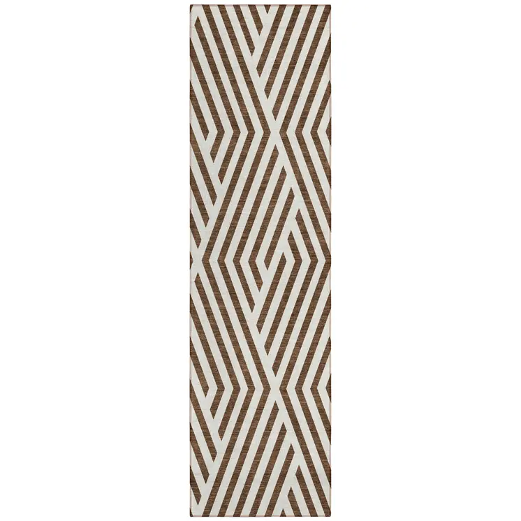8' Runner Brown and White Geometric Washable Non Skid Indoor Outdoor Runner Rug