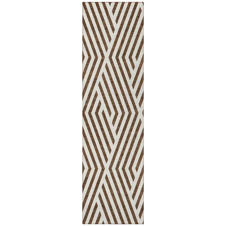 8' Runner Brown and White Geometric Washable Non Skid Indoor Outdoor Runner Rug