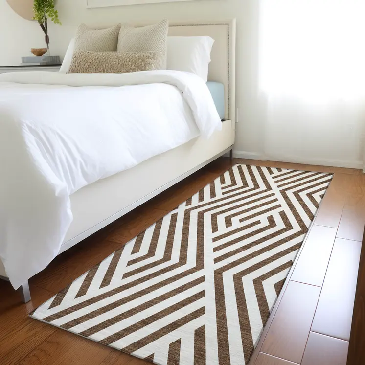 8' Runner Brown and White Geometric Washable Non Skid Indoor Outdoor Runner Rug