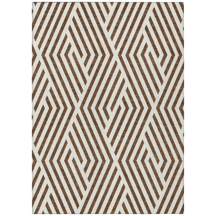 3' X 5' Brown and White Geometric Washable Non Skid Indoor Outdoor Area Rug