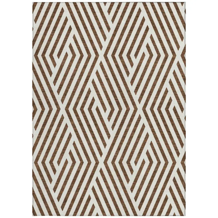 3' X 5' Brown and White Geometric Washable Non Skid Indoor Outdoor Area Rug