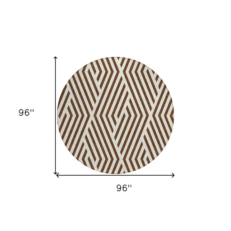 8' Brown And White Round Geometric Washable Indoor Outdoor Area Rug