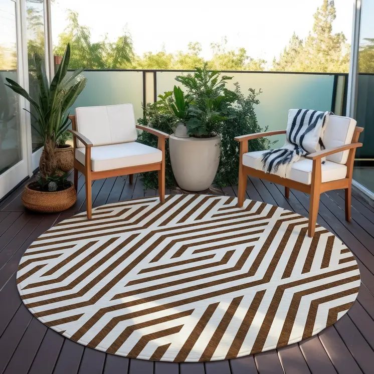 8' Brown And White Round Geometric Washable Indoor Outdoor Area Rug
