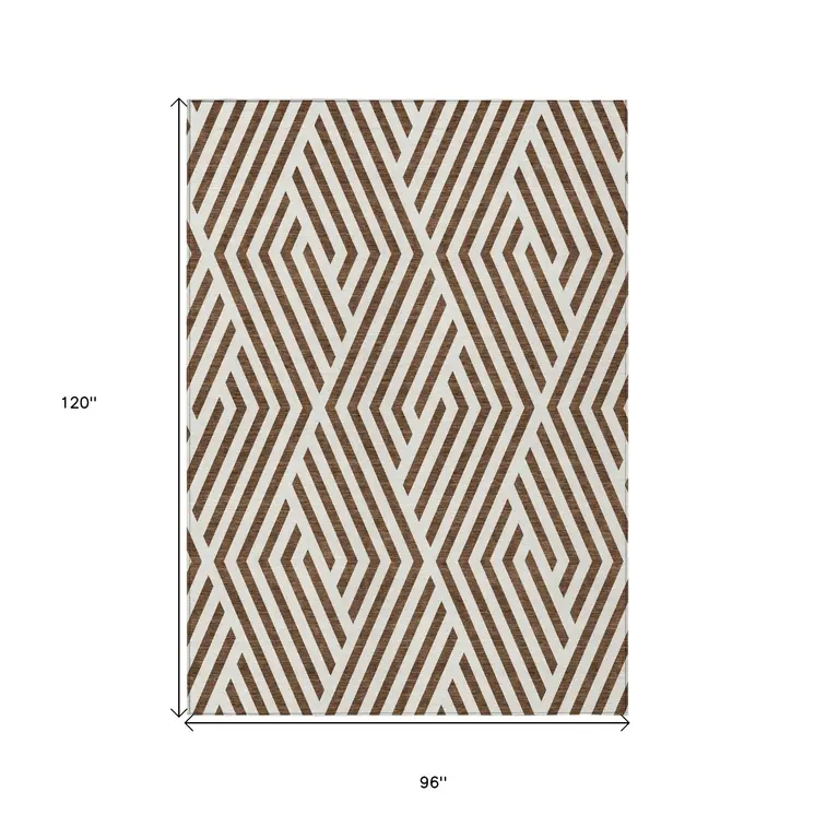 8' X 10' Brown and White Geometric Washable Non Skid Indoor Outdoor Area Rug