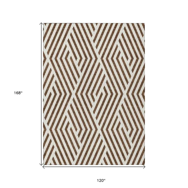10' X 14' Brown and White Geometric Washable Non Skid Indoor Outdoor Area Rug